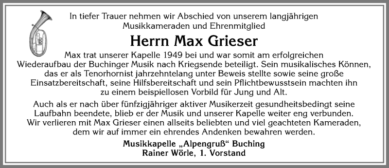 Traueranzeige von Max Grieser von Allgäuer Zeitung, Füssen