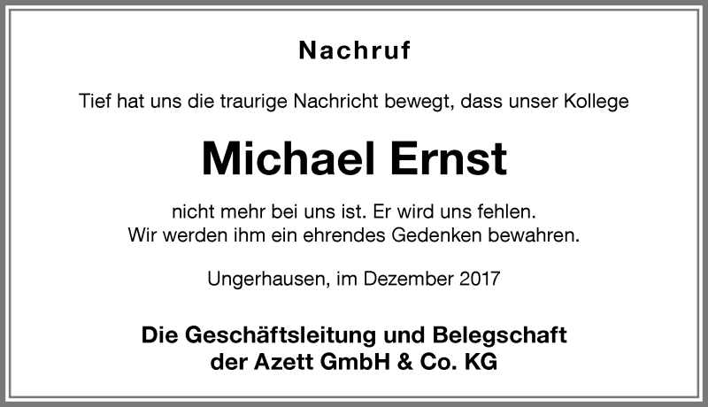 Traueranzeige von Michael Ernst von Memminger Zeitung