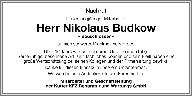 Traueranzeige von Nikolaus Budkow von Memminger Zeitung