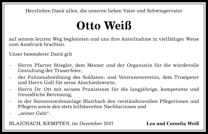 Traueranzeige von Otto Weiß von Allgäuer Anzeigeblatt
