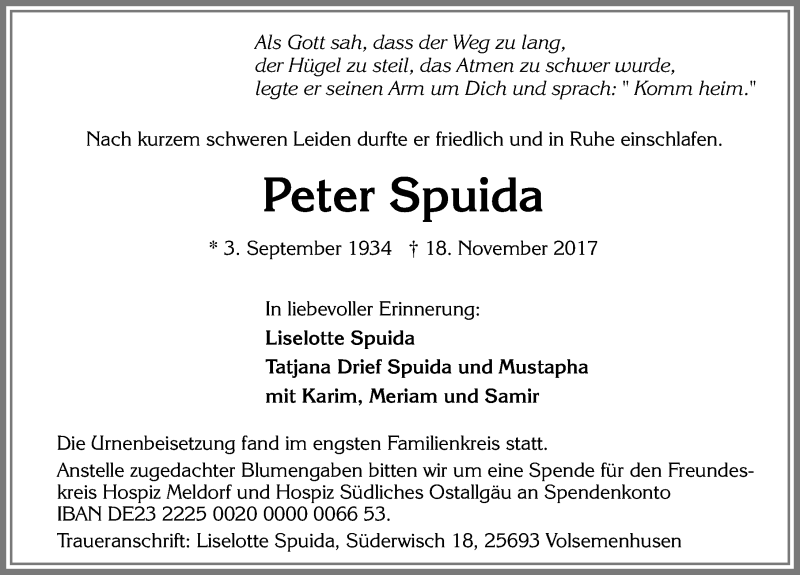 Traueranzeige von Peter Spuida von Allgäuer Zeitung, Füssen