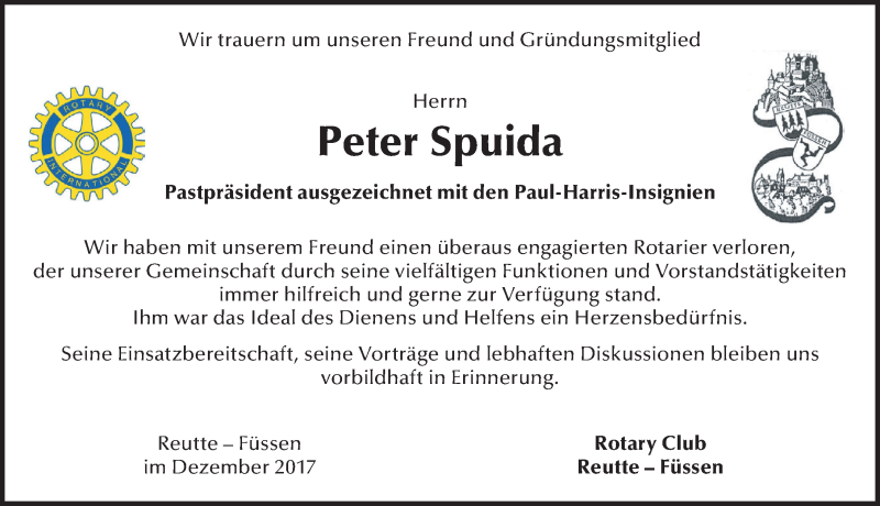 Traueranzeige von Peter Spuida von Allgäuer Zeitung, Füssen