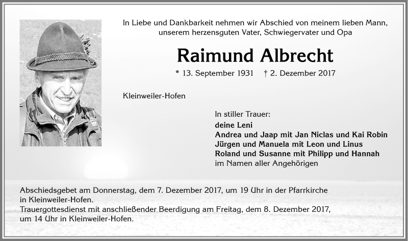 Traueranzeige von Raimund Albrecht von Allgäuer Zeitung,Kempten