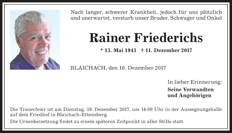 Traueranzeige von Rainer Friederichs von Allgäuer Anzeigeblatt