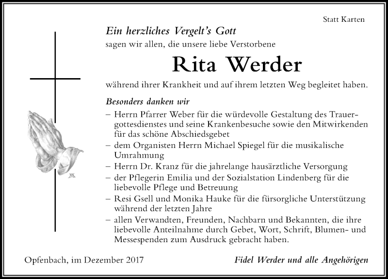 Traueranzeige von Rita Werder von Der Westallgäuer