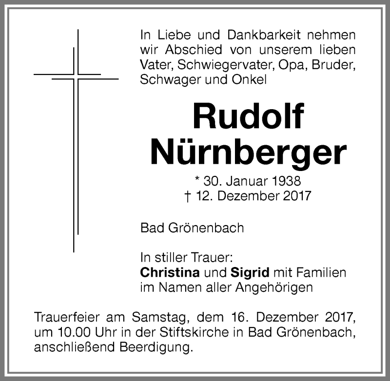 Traueranzeige von Rudolf Nürnberger von Memminger Zeitung