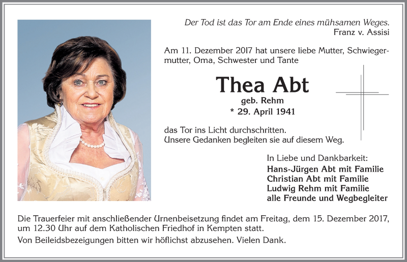 Traueranzeige von Thea Abt von Allgäuer Zeitung,Kempten
