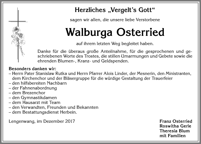 Traueranzeige von Walburga Osterried von Allgäuer Zeitung, Marktoberdorf