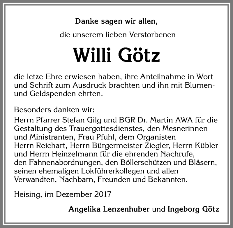 Traueranzeige von Willi Götz von Allgäuer Zeitung,Kempten