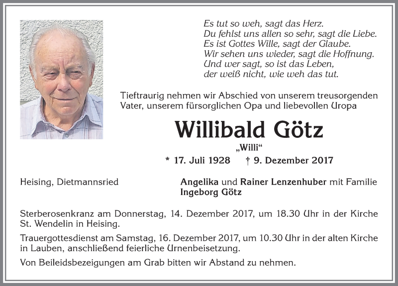 Traueranzeige von Willibald Götz von Allgäuer Zeitung,Kempten