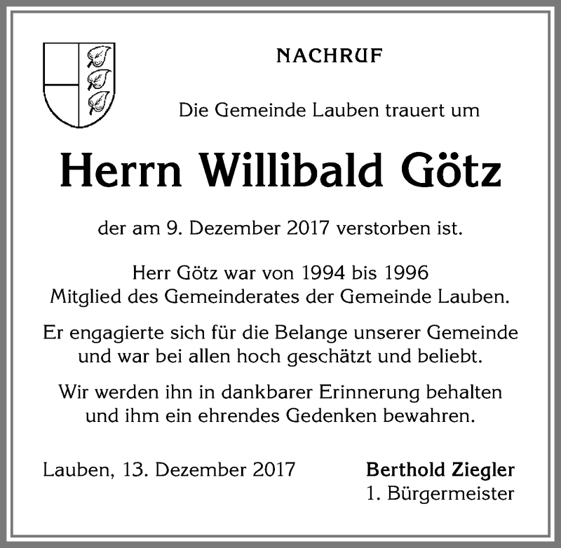 Traueranzeige von Willibald Götz von Allgäuer Zeitung,Kempten