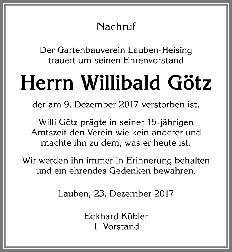 Traueranzeige von Willibald Götz von Allgäuer Zeitung,Kempten