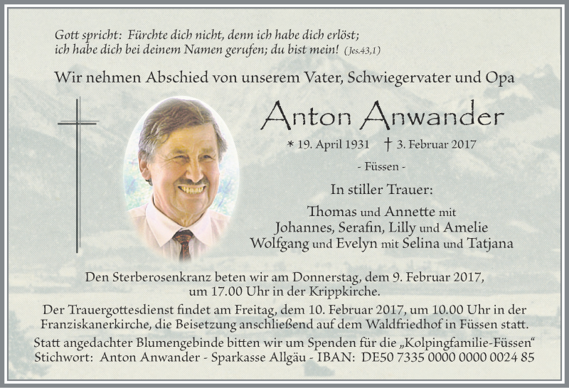 Traueranzeige von Anton Anwander von Allgäuer Zeitung, Füssen