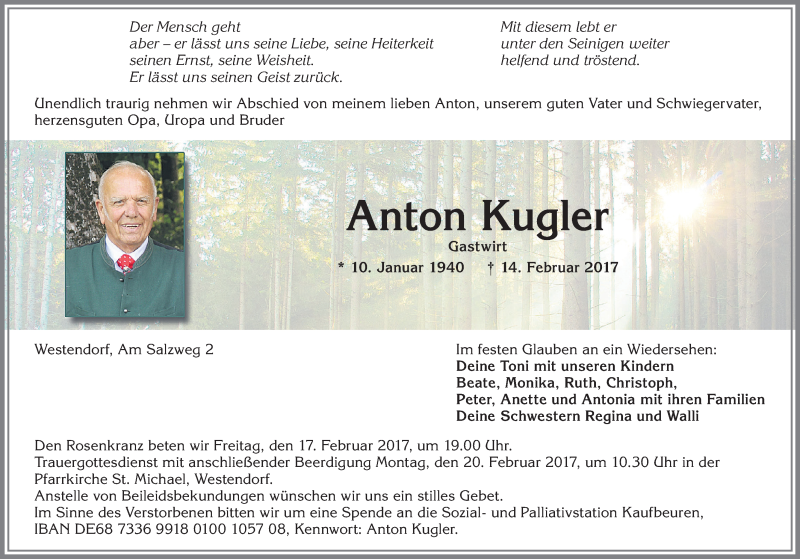 Traueranzeige von Anton Kugler von Allgäuer Zeitung, Kaufbeuren/Buchloe