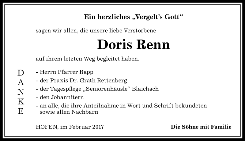 Traueranzeige von Doris Renn von Allgäuer Anzeigeblatt