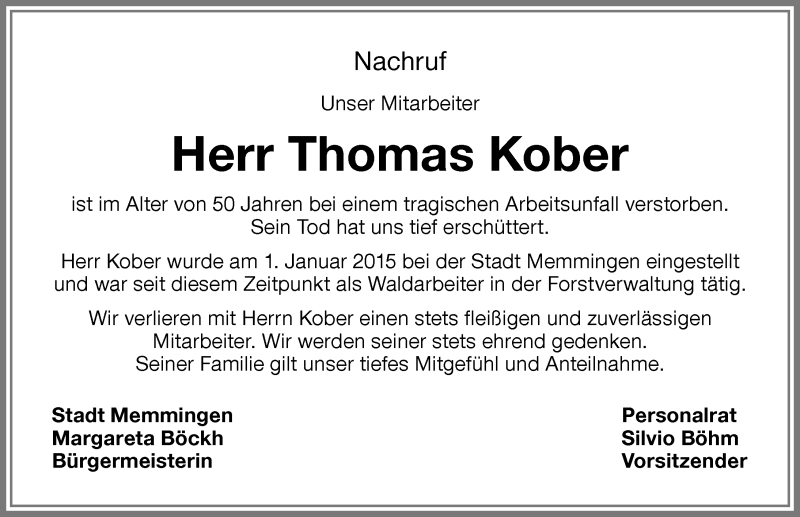 Traueranzeigen von Thomas Kober | Augsburger Allgemeine Zeitung