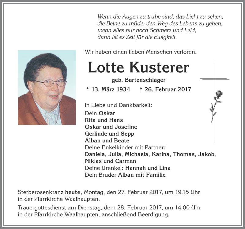 Traueranzeige von Lotte Kusterer von Allgäuer Zeitung