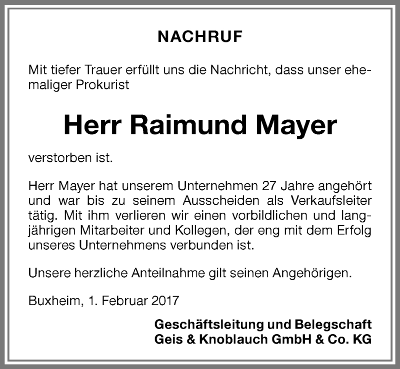 Traueranzeige von Raimund Mayer von Memminger Zeitung