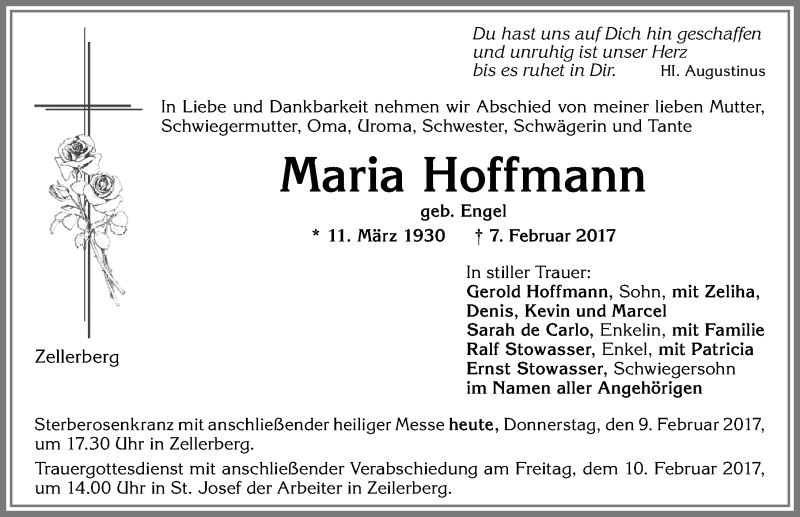 Traueranzeigen von Maria Hoffmann | Augsburger Allgemeine Zeitung
