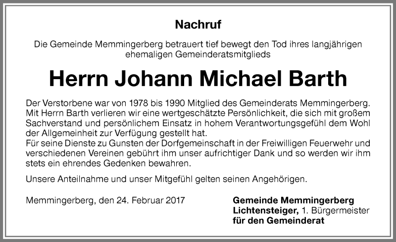 Traueranzeige von Johann Michael Barth von Memminger Zeitung