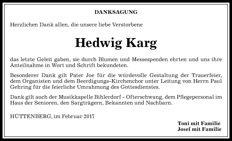 Traueranzeige von Hedwig Karg von Allgäuer Anzeigeblatt