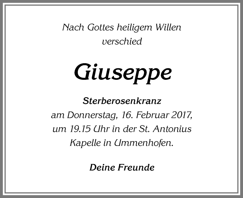 Traueranzeige von Giuseppe  von Allgäuer Zeitung, Kaufbeuren/Buchloe