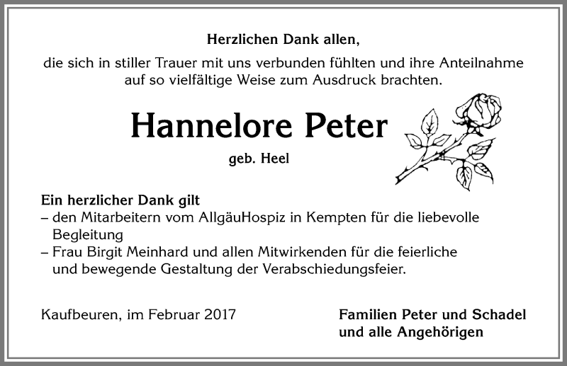 Traueranzeige von Hannelore Peter von Allgäuer Zeitung