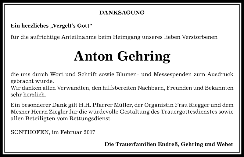 Traueranzeige von Anton Gehring von Allgäuer Anzeigeblatt