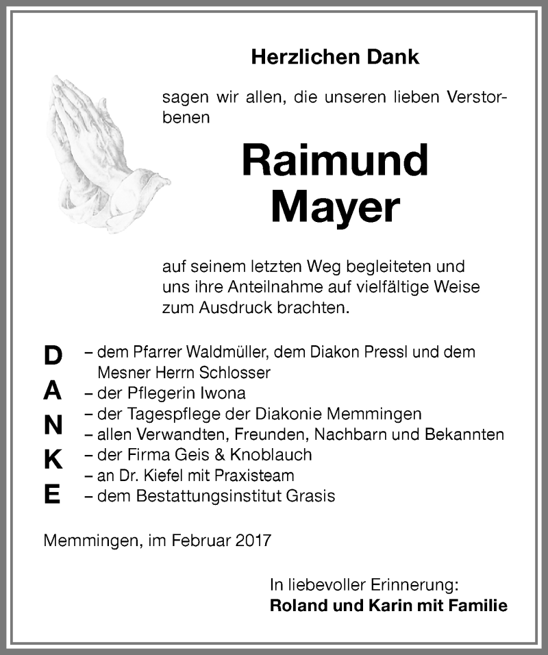 Traueranzeige von Raimund Mayer von Memminger Zeitung