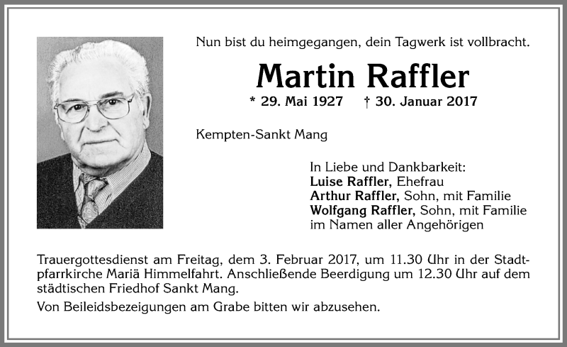 Traueranzeige von Martin Raffler von Allgäuer Zeitung,Kempten