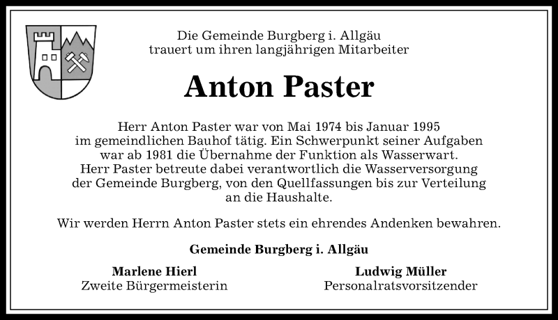 Traueranzeige von Anton Paster von Allgäuer Anzeigeblatt