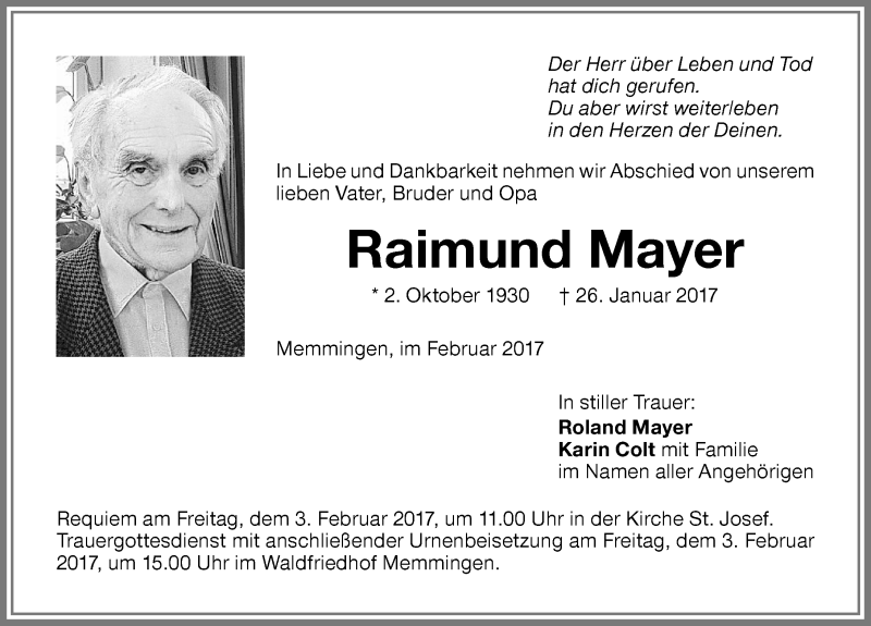 Traueranzeige von Raimund Mayer von Memminger Zeitung