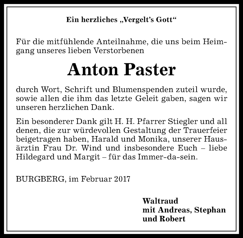 Traueranzeige von Anton Paster von Allgäuer Anzeigeblatt