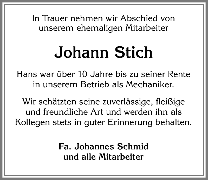 Traueranzeige von Johann Stich von Allgäuer Zeitung, Marktoberdorf