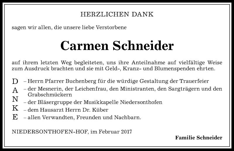 Traueranzeige von Carmen Schneider von Allgäuer Zeitung