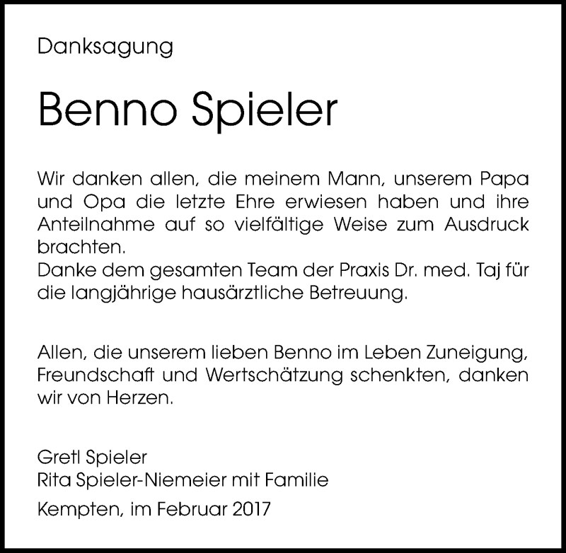 Traueranzeige von Benno Spieler von Allgäuer Zeitung,Kempten