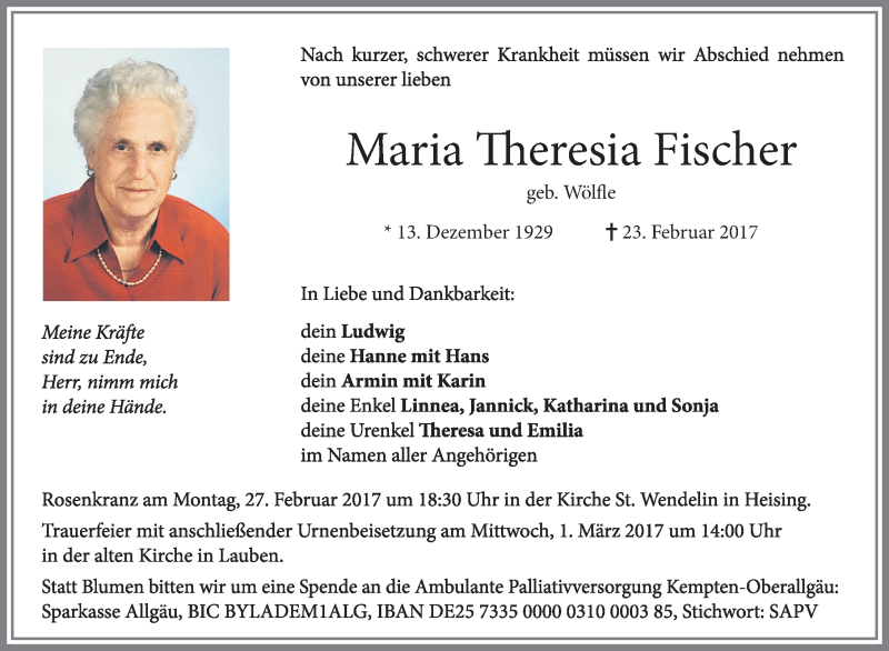 Traueranzeigen Von Maria Theresia Fischer Augsburger Allgemeine Zeitung