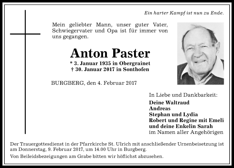 Traueranzeige von Anton Paster von Allgäuer Anzeigeblatt