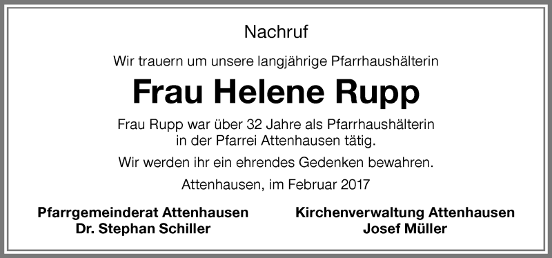 Traueranzeige von Helene Rupp von Memminger Zeitung