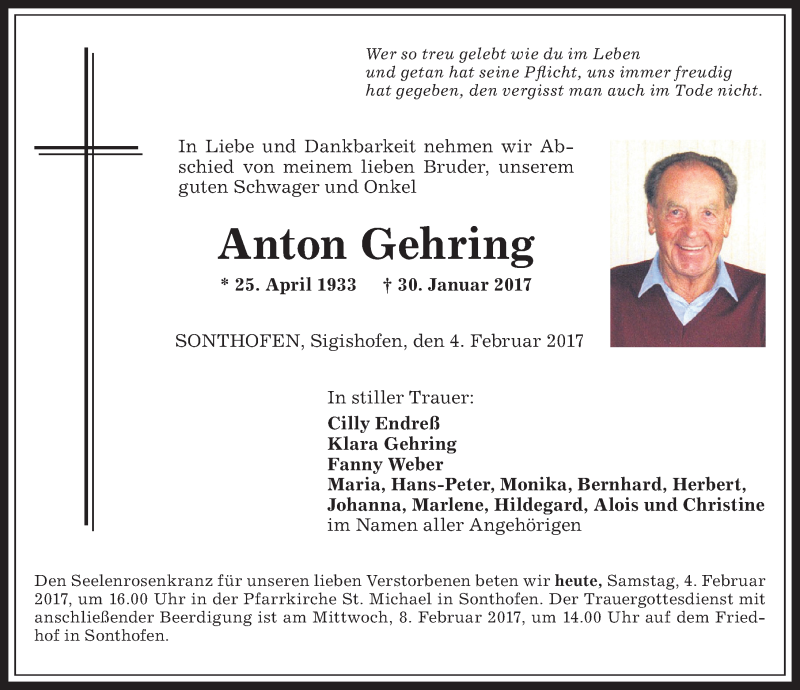 Traueranzeige von Anton Gehring von Allgäuer Anzeigeblatt