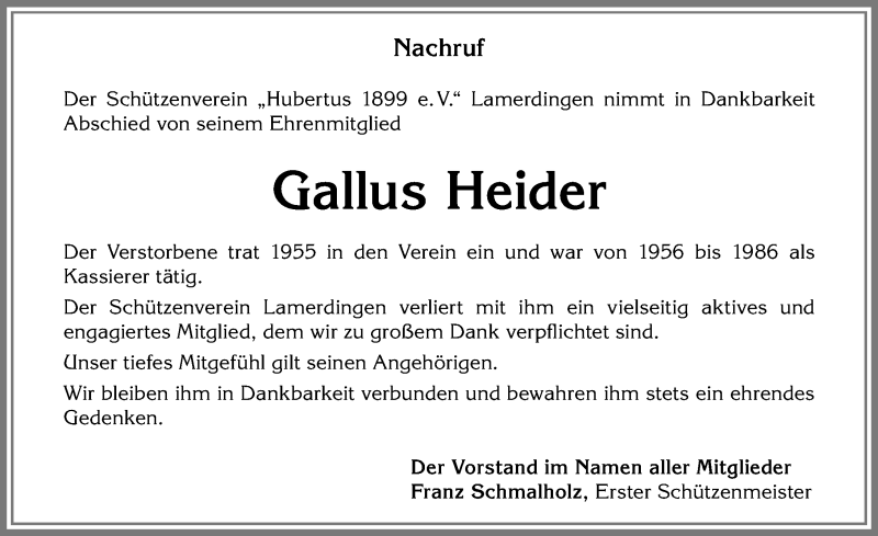 Traueranzeige von Gallus Heider von Allgäuer Zeitung, Kaufbeuren/Buchloe