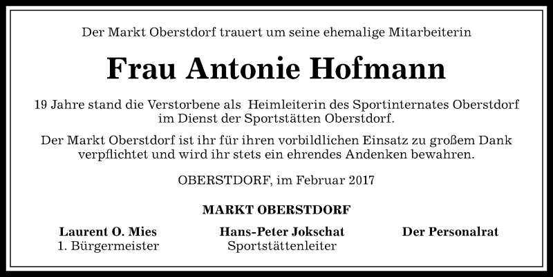 Traueranzeige von Antonie Hofmann von Allgäuer Anzeigeblatt