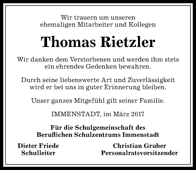 Traueranzeige von Thomas Rietzler von Allgäuer Anzeigeblatt