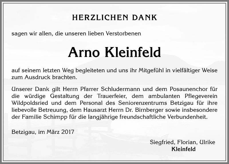 Traueranzeige von Arno Kleinfeld von Allgäuer Zeitung,Kempten