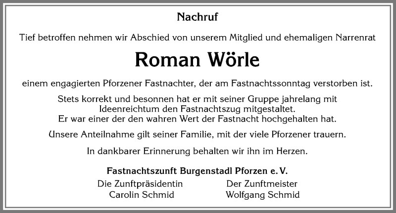 Traueranzeige von Roman Wörle von Allgäuer Zeitung, Kaufbeuren/Buchloe