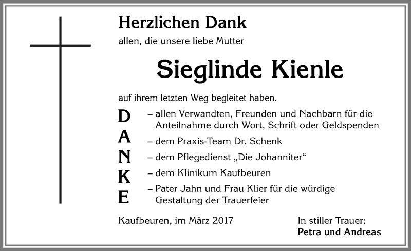 Traueranzeige von Sieglinde Kienle von Allgäuer Zeitung, Kaufbeuren/Buchloe