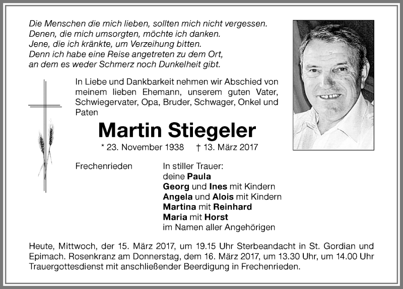 Traueranzeige von Martin Stiegeler von Memminger Zeitung