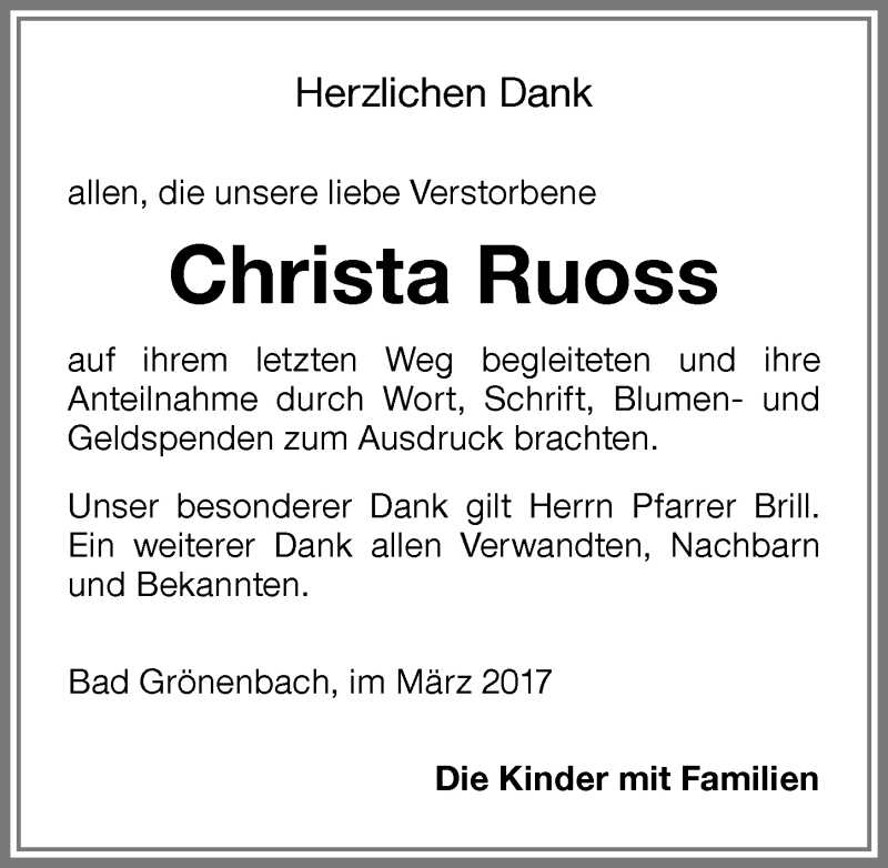 Traueranzeige von Christa Ruoss von Memminger Zeitung