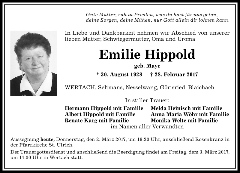 Traueranzeige von Emilie Hippold von Allgäuer Anzeigeblatt