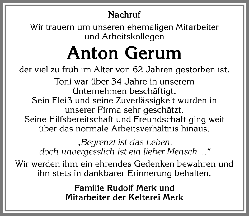 Traueranzeige von Anton Gerum von Allgäuer Zeitung, Kaufbeuren/Buchloe